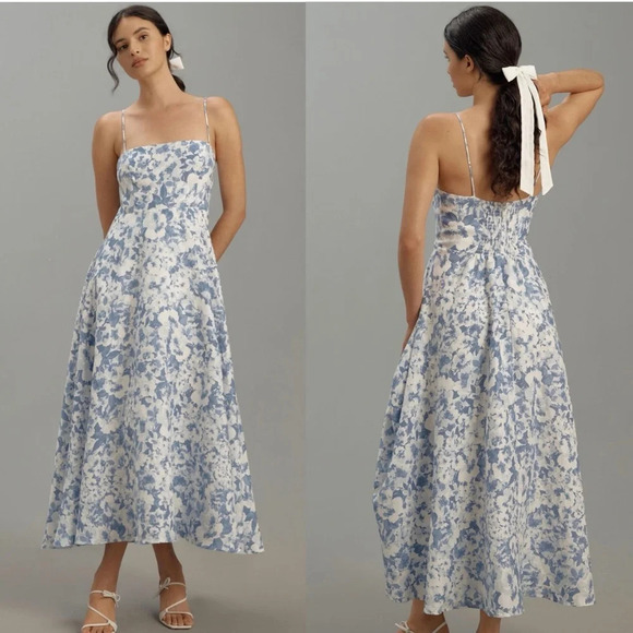 Reformation Dresses & Skirts - Reformation Monette Linen Floral Maxi Midi Dress Larkspur Blue White size 2